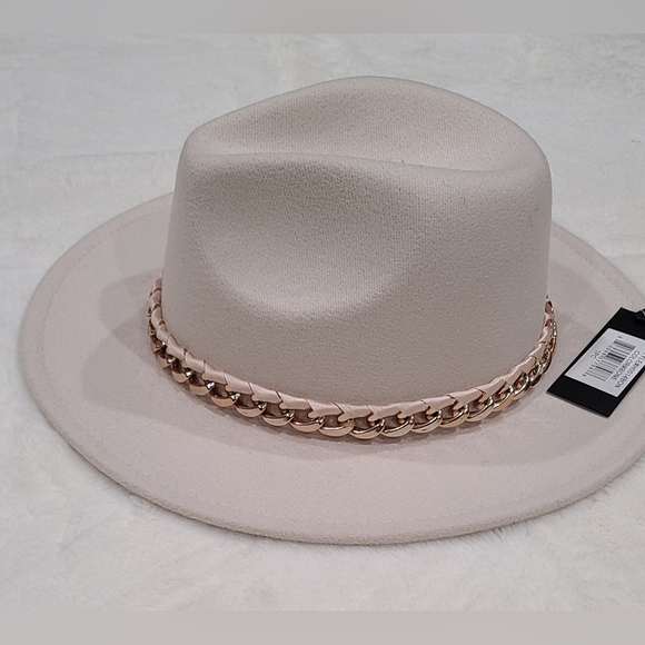 Wool Blend Felt Hat with Ribbon Chain Band. Women; Color is bone - Picture 5 of 6